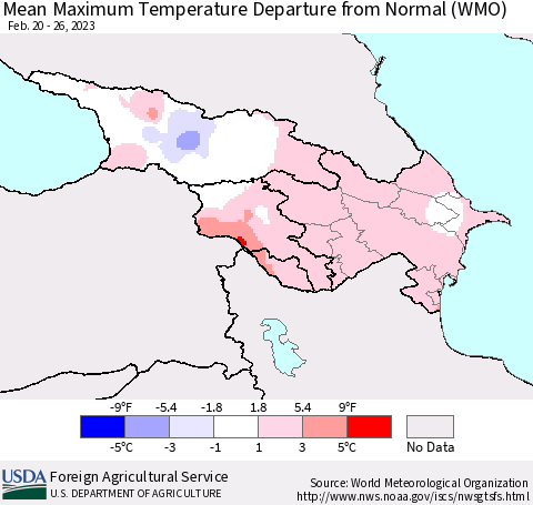 Azerbaijan, Armenia and Georgia Mean Maximum Temperature Departure from Normal (WMO) Thematic Map For 2/20/2023 - 2/26/2023
