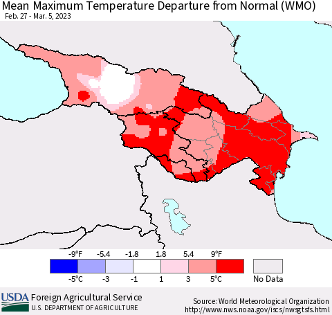 Azerbaijan, Armenia and Georgia Mean Maximum Temperature Departure from Normal (WMO) Thematic Map For 2/27/2023 - 3/5/2023