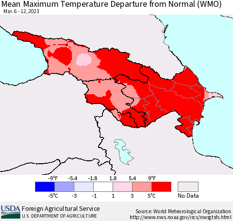Azerbaijan, Armenia and Georgia Mean Maximum Temperature Departure from Normal (WMO) Thematic Map For 3/6/2023 - 3/12/2023