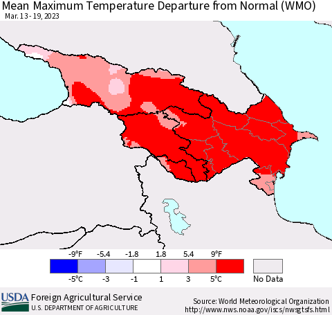 Azerbaijan, Armenia and Georgia Mean Maximum Temperature Departure from Normal (WMO) Thematic Map For 3/13/2023 - 3/19/2023