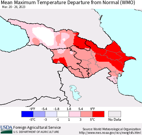 Azerbaijan, Armenia and Georgia Mean Maximum Temperature Departure from Normal (WMO) Thematic Map For 3/20/2023 - 3/26/2023