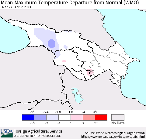 Azerbaijan, Armenia and Georgia Mean Maximum Temperature Departure from Normal (WMO) Thematic Map For 3/27/2023 - 4/2/2023