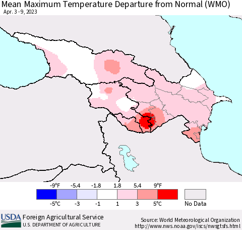 Azerbaijan, Armenia and Georgia Mean Maximum Temperature Departure from Normal (WMO) Thematic Map For 4/3/2023 - 4/9/2023