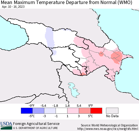Azerbaijan, Armenia and Georgia Mean Maximum Temperature Departure from Normal (WMO) Thematic Map For 4/10/2023 - 4/16/2023