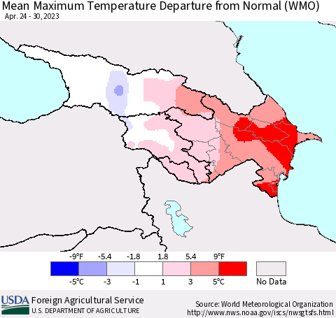 Azerbaijan, Armenia and Georgia Mean Maximum Temperature Departure from Normal (WMO) Thematic Map For 4/24/2023 - 4/30/2023