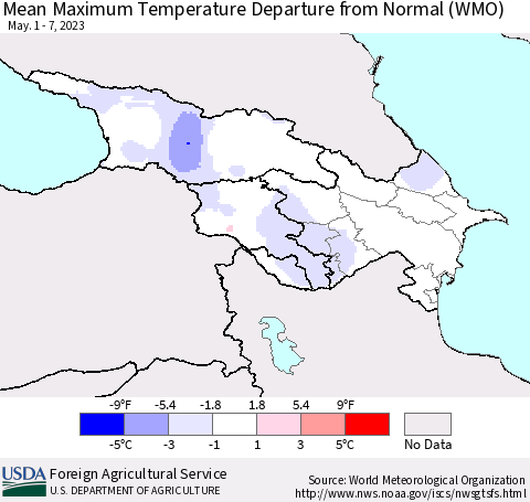 Azerbaijan, Armenia and Georgia Mean Maximum Temperature Departure from Normal (WMO) Thematic Map For 5/1/2023 - 5/7/2023
