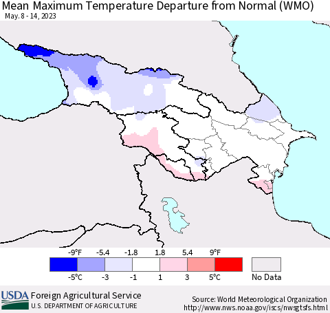 Azerbaijan, Armenia and Georgia Mean Maximum Temperature Departure from Normal (WMO) Thematic Map For 5/8/2023 - 5/14/2023