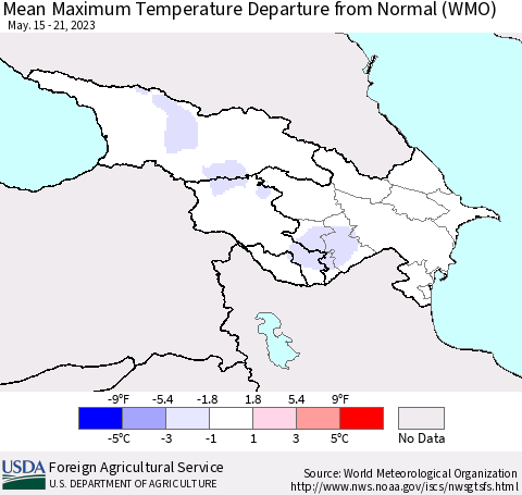 Azerbaijan, Armenia and Georgia Mean Maximum Temperature Departure from Normal (WMO) Thematic Map For 5/15/2023 - 5/21/2023