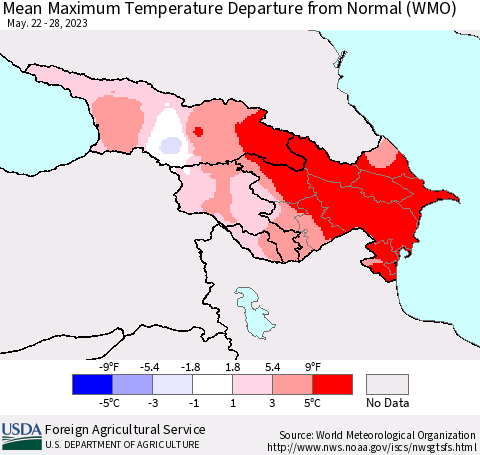 Azerbaijan, Armenia and Georgia Mean Maximum Temperature Departure from Normal (WMO) Thematic Map For 5/22/2023 - 5/28/2023