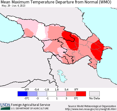 Azerbaijan, Armenia and Georgia Mean Maximum Temperature Departure from Normal (WMO) Thematic Map For 5/29/2023 - 6/4/2023