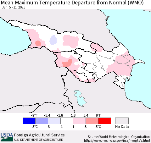 Azerbaijan, Armenia and Georgia Mean Maximum Temperature Departure from Normal (WMO) Thematic Map For 6/5/2023 - 6/11/2023