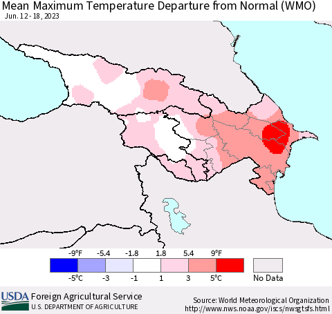 Azerbaijan, Armenia and Georgia Mean Maximum Temperature Departure from Normal (WMO) Thematic Map For 6/12/2023 - 6/18/2023