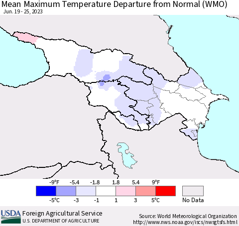 Azerbaijan, Armenia and Georgia Mean Maximum Temperature Departure from Normal (WMO) Thematic Map For 6/19/2023 - 6/25/2023