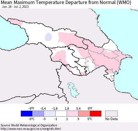 Azerbaijan, Armenia and Georgia Mean Maximum Temperature Departure from Normal (WMO) Thematic Map For 6/26/2023 - 7/2/2023
