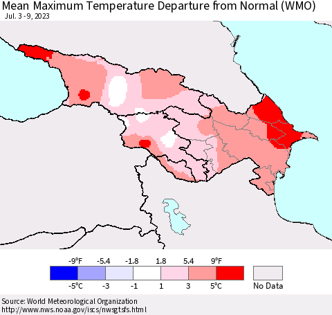Azerbaijan, Armenia and Georgia Mean Maximum Temperature Departure from Normal (WMO) Thematic Map For 7/3/2023 - 7/9/2023