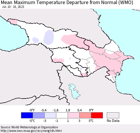 Azerbaijan, Armenia and Georgia Mean Maximum Temperature Departure from Normal (WMO) Thematic Map For 7/10/2023 - 7/16/2023