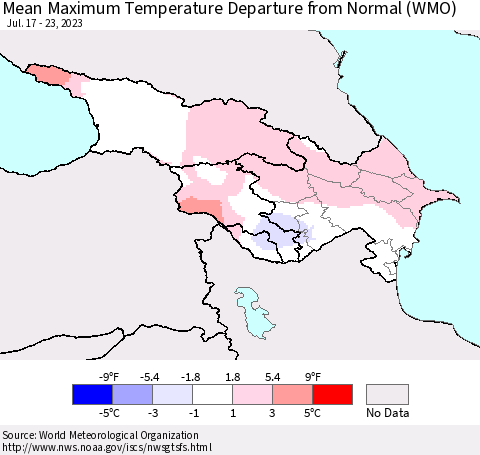 Azerbaijan, Armenia and Georgia Mean Maximum Temperature Departure from Normal (WMO) Thematic Map For 7/17/2023 - 7/23/2023