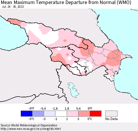 Azerbaijan, Armenia and Georgia Mean Maximum Temperature Departure from Normal (WMO) Thematic Map For 7/24/2023 - 7/30/2023
