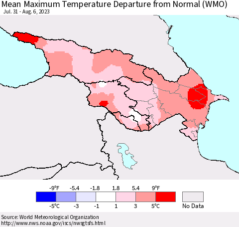 Azerbaijan, Armenia and Georgia Mean Maximum Temperature Departure from Normal (WMO) Thematic Map For 7/31/2023 - 8/6/2023