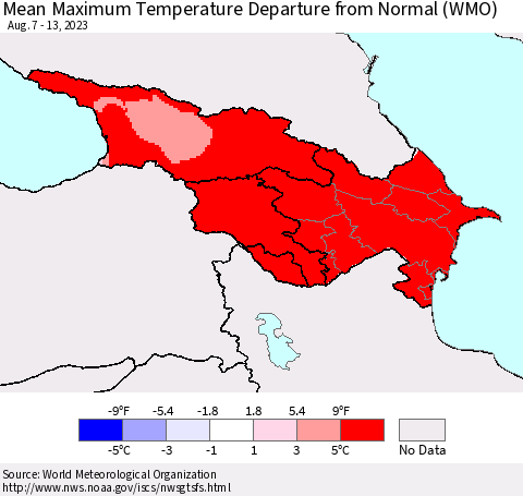 Azerbaijan, Armenia and Georgia Mean Maximum Temperature Departure from Normal (WMO) Thematic Map For 8/7/2023 - 8/13/2023