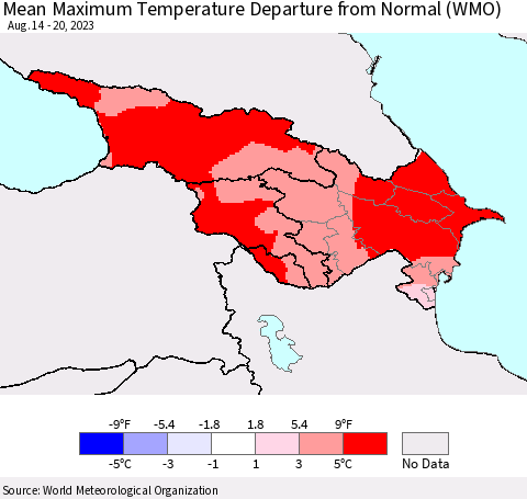 Azerbaijan, Armenia and Georgia Mean Maximum Temperature Departure from Normal (WMO) Thematic Map For 8/14/2023 - 8/20/2023
