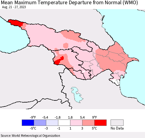 Azerbaijan, Armenia and Georgia Mean Maximum Temperature Departure from Normal (WMO) Thematic Map For 8/21/2023 - 8/27/2023