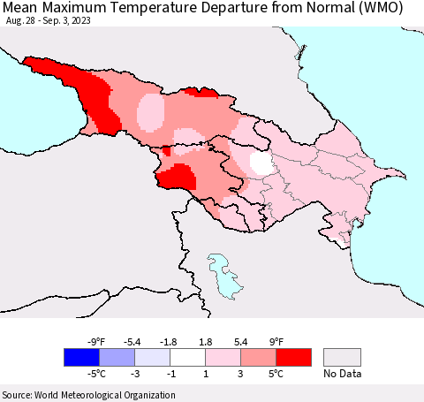 Azerbaijan, Armenia and Georgia Mean Maximum Temperature Departure from Normal (WMO) Thematic Map For 8/28/2023 - 9/3/2023