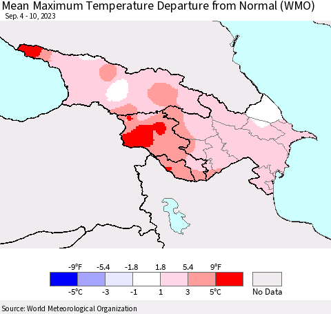 Azerbaijan, Armenia and Georgia Mean Maximum Temperature Departure from Normal (WMO) Thematic Map For 9/4/2023 - 9/10/2023