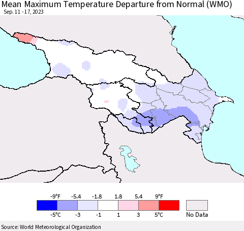 Azerbaijan, Armenia and Georgia Mean Maximum Temperature Departure from Normal (WMO) Thematic Map For 9/11/2023 - 9/17/2023