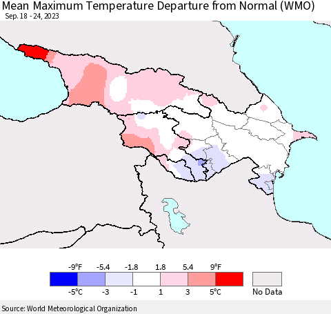 Azerbaijan, Armenia and Georgia Mean Maximum Temperature Departure from Normal (WMO) Thematic Map For 9/18/2023 - 9/24/2023