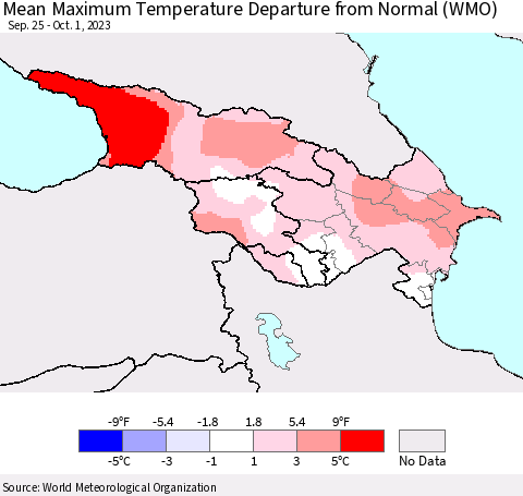 Azerbaijan, Armenia and Georgia Mean Maximum Temperature Departure from Normal (WMO) Thematic Map For 9/25/2023 - 10/1/2023