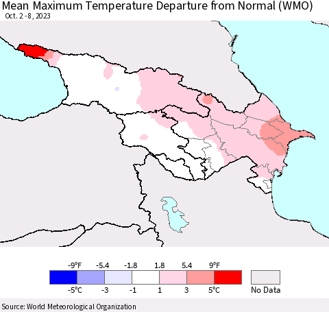Azerbaijan, Armenia and Georgia Mean Maximum Temperature Departure from Normal (WMO) Thematic Map For 10/2/2023 - 10/8/2023