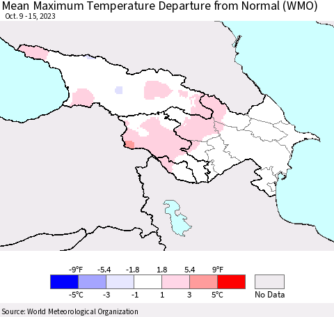 Azerbaijan, Armenia and Georgia Mean Maximum Temperature Departure from Normal (WMO) Thematic Map For 10/9/2023 - 10/15/2023