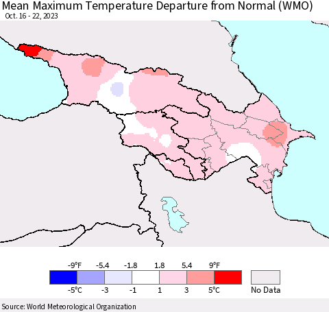 Azerbaijan, Armenia and Georgia Mean Maximum Temperature Departure from Normal (WMO) Thematic Map For 10/16/2023 - 10/22/2023