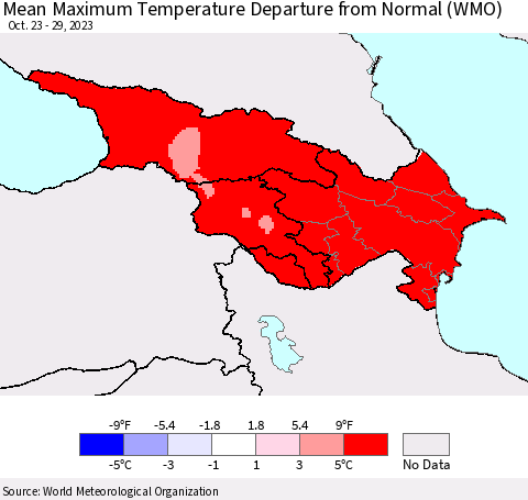 Azerbaijan, Armenia and Georgia Mean Maximum Temperature Departure from Normal (WMO) Thematic Map For 10/23/2023 - 10/29/2023