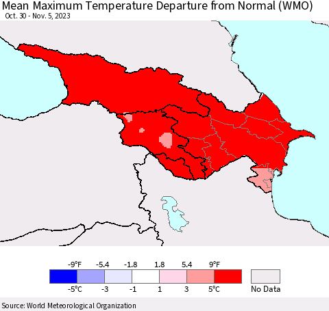 Azerbaijan, Armenia and Georgia Mean Maximum Temperature Departure from Normal (WMO) Thematic Map For 10/30/2023 - 11/5/2023