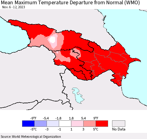 Azerbaijan, Armenia and Georgia Mean Maximum Temperature Departure from Normal (WMO) Thematic Map For 11/6/2023 - 11/12/2023