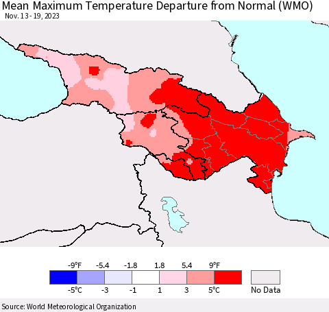 Azerbaijan, Armenia and Georgia Mean Maximum Temperature Departure from Normal (WMO) Thematic Map For 11/13/2023 - 11/19/2023