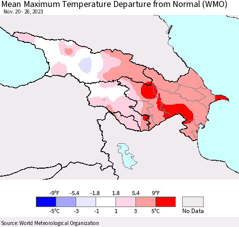 Azerbaijan, Armenia and Georgia Mean Maximum Temperature Departure from Normal (WMO) Thematic Map For 11/20/2023 - 11/26/2023