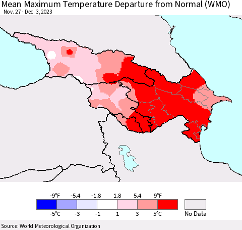 Azerbaijan, Armenia and Georgia Mean Maximum Temperature Departure from Normal (WMO) Thematic Map For 11/27/2023 - 12/3/2023