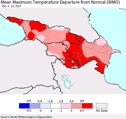 Azerbaijan, Armenia and Georgia Mean Maximum Temperature Departure from Normal (WMO) Thematic Map For 12/4/2023 - 12/10/2023