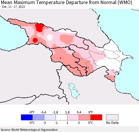 Azerbaijan, Armenia and Georgia Mean Maximum Temperature Departure from Normal (WMO) Thematic Map For 12/11/2023 - 12/17/2023