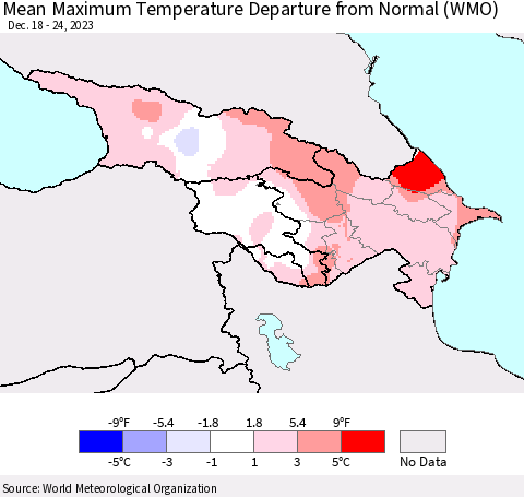 Azerbaijan, Armenia and Georgia Mean Maximum Temperature Departure from Normal (WMO) Thematic Map For 12/18/2023 - 12/24/2023