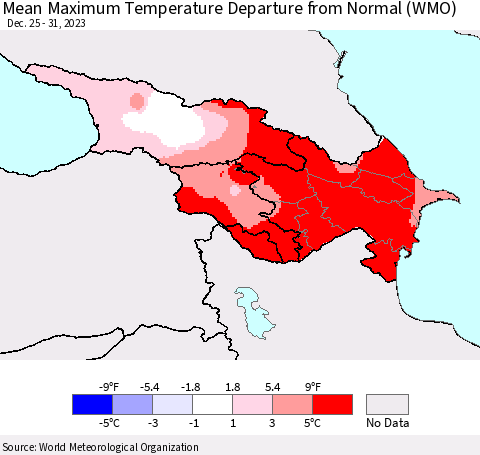 Azerbaijan, Armenia and Georgia Mean Maximum Temperature Departure from Normal (WMO) Thematic Map For 12/25/2023 - 12/31/2023