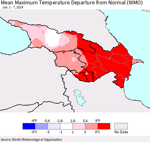 Azerbaijan, Armenia and Georgia Mean Maximum Temperature Departure from Normal (WMO) Thematic Map For 1/1/2024 - 1/7/2024