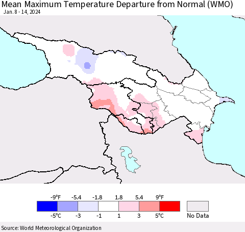 Azerbaijan, Armenia and Georgia Mean Maximum Temperature Departure from Normal (WMO) Thematic Map For 1/8/2024 - 1/14/2024