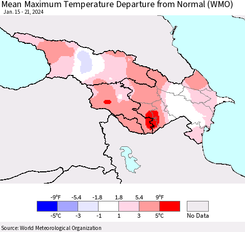 Azerbaijan, Armenia and Georgia Mean Maximum Temperature Departure from Normal (WMO) Thematic Map For 1/15/2024 - 1/21/2024