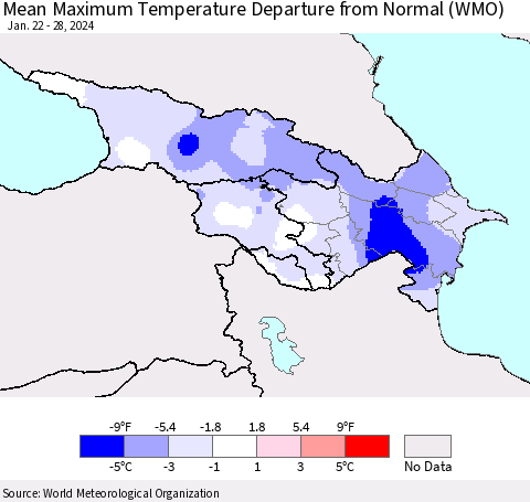 Azerbaijan, Armenia and Georgia Mean Maximum Temperature Departure from Normal (WMO) Thematic Map For 1/22/2024 - 1/28/2024