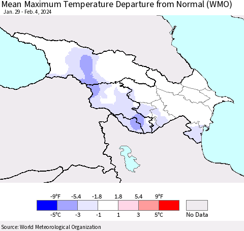 Azerbaijan, Armenia and Georgia Mean Maximum Temperature Departure from Normal (WMO) Thematic Map For 1/29/2024 - 2/4/2024