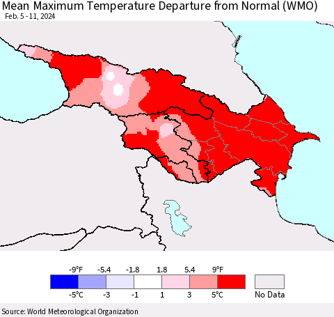 Azerbaijan, Armenia and Georgia Mean Maximum Temperature Departure from Normal (WMO) Thematic Map For 2/5/2024 - 2/11/2024